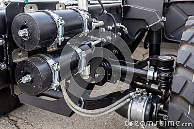 mechanisms and parts of independent hydropneumatic suspension of cars Stock Photo