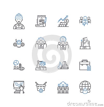 Mechanized processes line icons collection. Automation, Robotics, Assembly, Production, Manufacture, Machining Vector Illustration