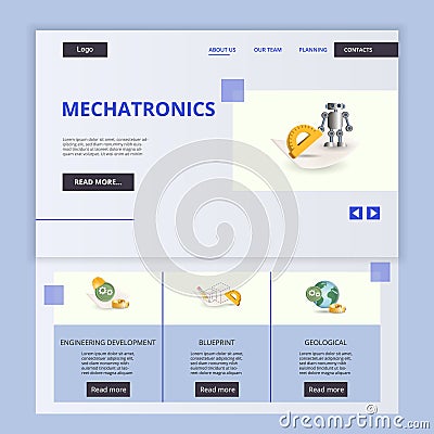 Mechatronics flat landing page website template. Engineering development, blueprint, geological. Web banner with header Vector Illustration