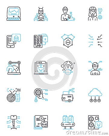 Mechatronics Systems linear icons set. Robotics, Sensors, Automation, Control, Actuators, Electromechanical, Artificial Vector Illustration