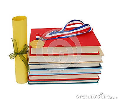Medal, diploma and books Stock Photo