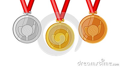 Golf complete shinny medals set gold siver and bronze in flat style Vector Illustration