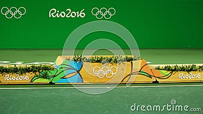 Medal podium during tennis men singles final medal ceremony at the Maria Esther Bueno Court of the Rio 2016 Olympic Games Editorial Stock Photo