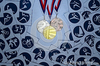 Medal Set, sport wallpaper, pictogram of summer events, original wallpaper for summer game. Medal ceremony, gold, silver and Stock Photo