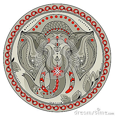 Medallion with Indian elephant head. Coin with eastern decoration and fairy tale environment. Modern print for clothes and fabric Vector Illustration