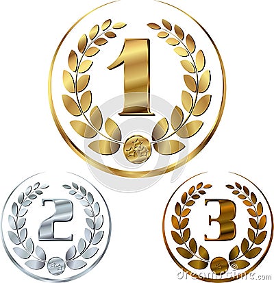 Medals - awards set with laurels in a circle Vector Illustration