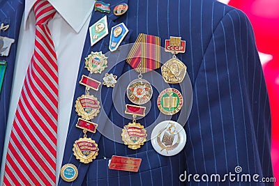 Medals and Gold Star Medal of Hero of the Soviet Union . Patriotic holiday in honor of the anniversary of the end of the war, Stock Photo