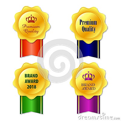 Medals icon. Elegant golden labels collection set. Gold ribbon award icon isolated white background. Vector Illustration