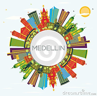 Medellin Colombia City Skyline with Color Buildings, Blue Sky and Copy Space Stock Photo