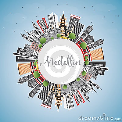 Medellin Colombia City Skyline with Gray Buildings, Blue Sky and Stock Photo