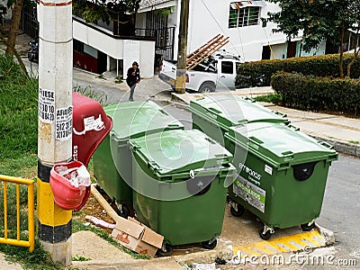 Medellin, Colombia, October 15 2019: containers for solid waste management recollection system in a hill in Medellin Editorial Stock Photo