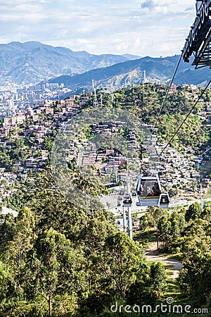 MEDELLIN, COLOMBIA - SEPTEMBER 1: Medellin cable car system connects poor neighborhoods in the hills around the cit Editorial Stock Photo