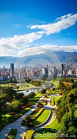 Medellin Skyline parks in foreground. Stock Photo