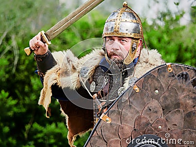 MEDGIDIA, ROMANIA - MAY 6, 2017. Dacian warriors at Dapyx Antique Festival - Medgidia who present habits, lifestyle and fighting t Editorial Stock Photo