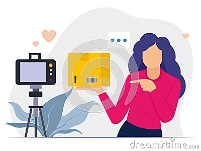 Girl doing product unboxing and review Vector Illustration