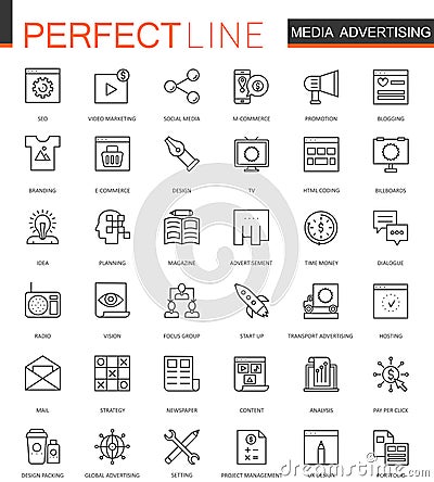 Media Advertising thin line web icons set. Outline stroke icons design. Vector Illustration