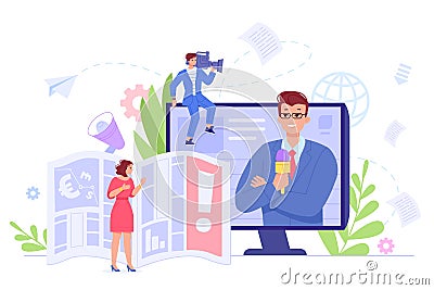 Media anchor. Newscaster person presentation global news report, tv host broadcast announcer on television screen people Cartoon Illustration