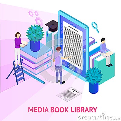 Media Book Library Concept Card 3d Isometric View. Vector Vector Illustration