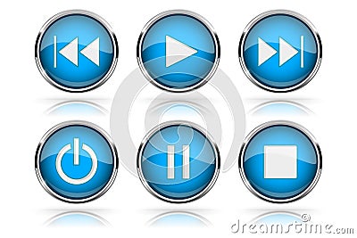 Media buttons. Blue round glass buttons with chrome frame Vector Illustration