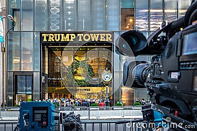 Media camera equipments recording the front of Trump Tower, residence of president elect Donald Trump - New York, USA Editorial Stock Photo