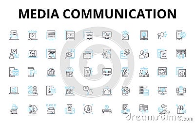 Media communication linear icons set. Broadcasting, Journalism, Advertising, Publicity, Messaging, Content, Propaganda Vector Illustration