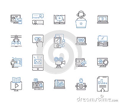 Media company outline icons collection. Media, Company, Broadcasting, Video, Production, Advertising, Television vector Vector Illustration