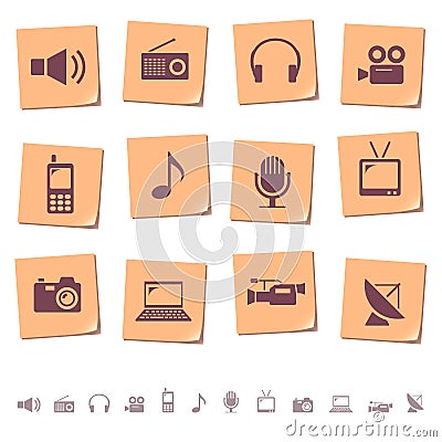 Media icons on memo notes Vector Illustration