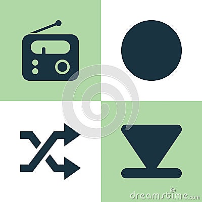 Media Icons Set. Collection Of Randomize, Tuner, Circle Elements. Also Includes Symbols Such As Radio, Mix, Down. Vector Illustration