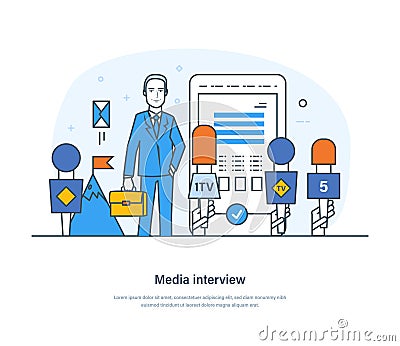 Media interview, breaking news, broadcasting, mass media announcement Vector Illustration
