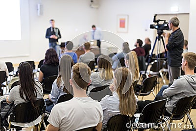 Media interview and round table discussion at popular scientific conference. Editorial Stock Photo
