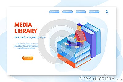 Media library cartoon vector landing page template Vector Illustration