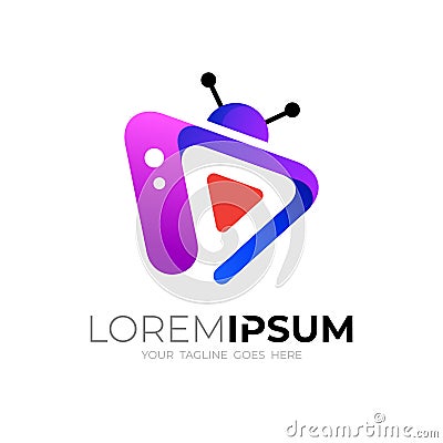 Media logo with play design illustration, 3d colorful Vector Illustration