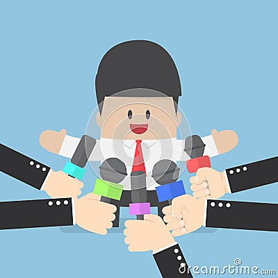 Media microphones held in front of business man Vector Illustration