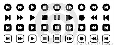 Media music player button icons. Multimedia player buttons set. Contains icon of play, pause, stop, record, next track, back, Cartoon Illustration