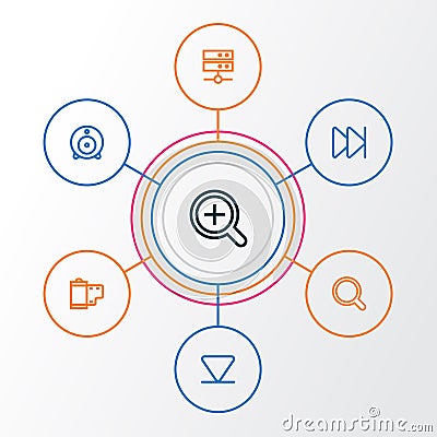 Media Outline Icons Set. Collection Of Forward, Magnifier, Datacenter And Other Elements. Also Includes Symbols Such As Vector Illustration