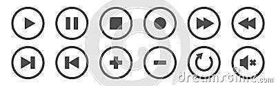 Media player buttons. Control icons set. Play, stop, pause and rewind elements on white background. Video and audio Vector Illustration