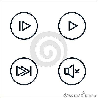 media player line icons. linear set. quality vector line set such as mute, last track, play Vector Illustration