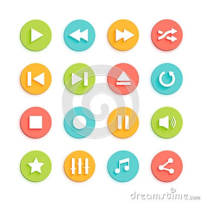 Media Player Material Design Vector Icons Set Vector Illustration