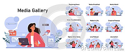 Media set. Character producing or consuming the content in mass media. Vector Illustration