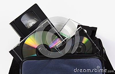 Media storage video cassette tapes cd dvd bag Stock Photo