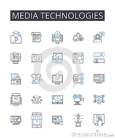 Media technologies line icons collection. Digital devices, Information systems, Communication tools, Computer programs Vector Illustration