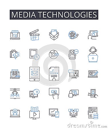 Media technologies line icons collection. Digital devices, Information systems, Communication tools, Computer programs Vector Illustration