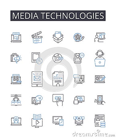 Media technologies line icons collection. Digital devices, Information systems, Communication tools, Computer programs Vector Illustration