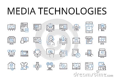 Media technologies line icons collection. Digital devices, Information systems, Communication tools, Computer programs Vector Illustration