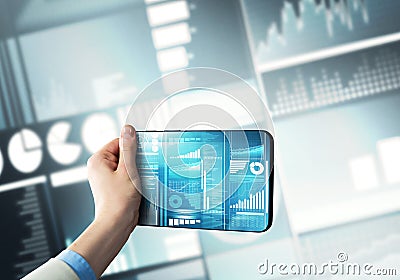 Media technology concept presented by businessman holding tablet with graphs and diagrams Stock Photo