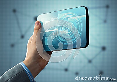 Media technology concept presented by businessman holding tablet with graphs and diagrams Stock Photo