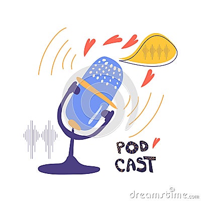 Media tool, mic and speech bubble doodle icon. Cartoon Illustration