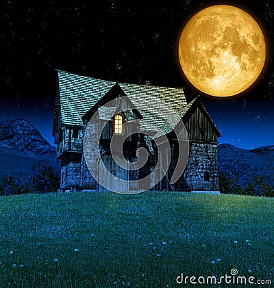 Mediaeval Fantasy Tavern in Moonlight Stock Photo