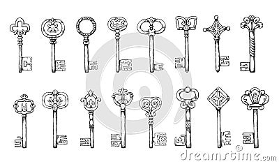 Mediaeval keys. Hand drawn antique sketch elements. Retro door opener types. Lock access. Home privacy and secure. Old Vector Illustration