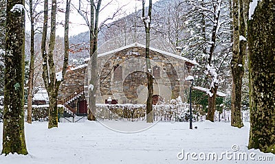 Mediaeval stone house in winter in Camprodon, Catalonia,Spain, the Pyrenees Stock Photo